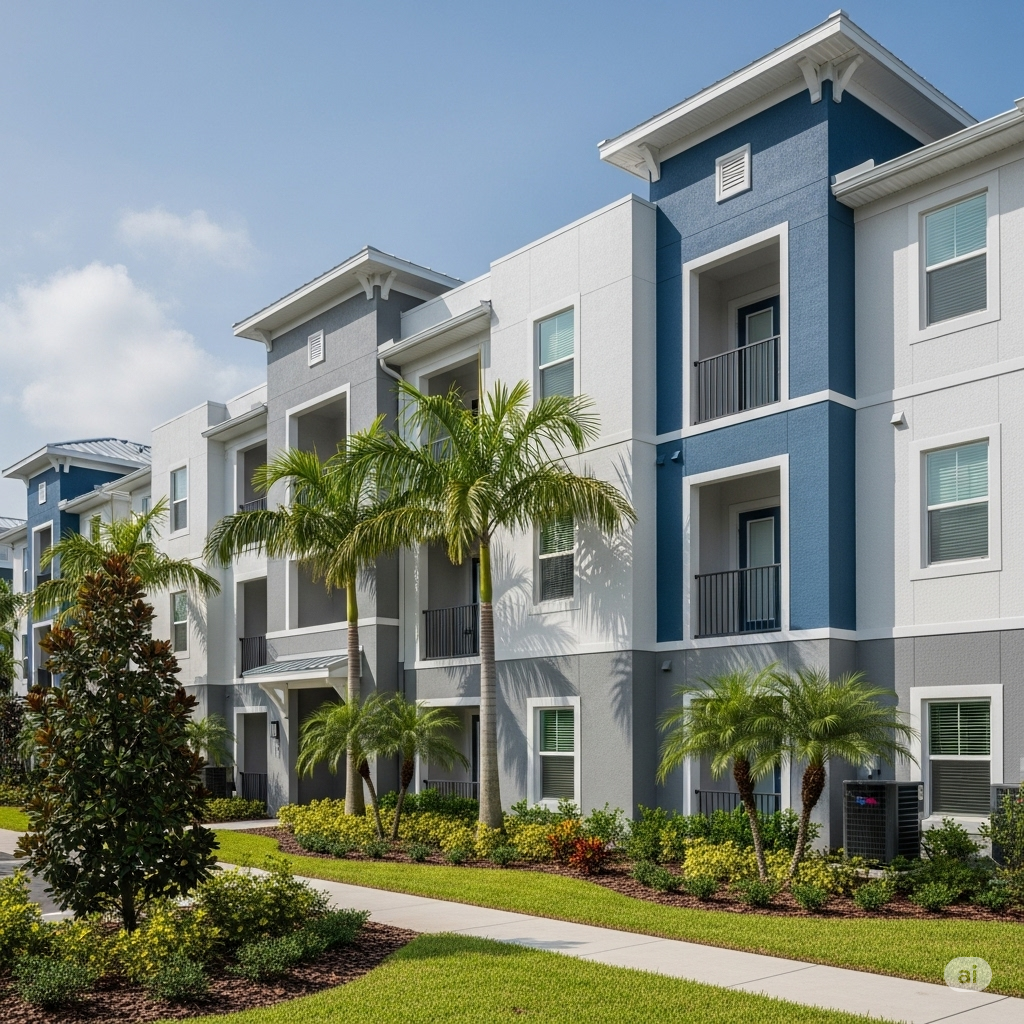 Modern affordable housing community with blue and white buildings and palm trees